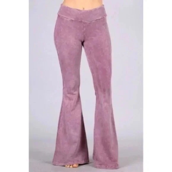 Dusty Rose Mineral Wash French Terry Flared Bell Bottom Pull On Pants w/ Pockets - Picture 2 of 5